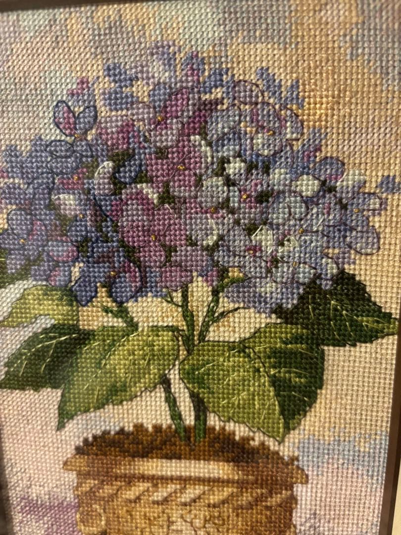 クロスステッチ刺繍風景画2点セット フレーム付き ピアノと女の子　あじさい