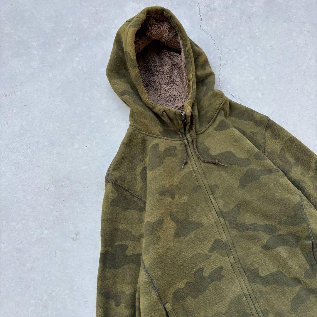 00s OLD UNIQLO 迷彩　ジップパーカー　裏ボア　短丈　Y2K