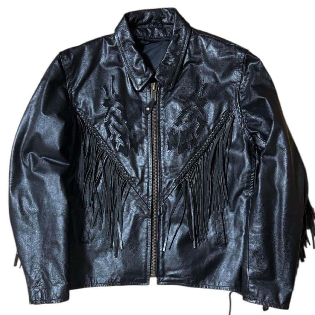 ビンテージ フリンジ レザージャケット 本革 レースアップ ブラック 襟付き