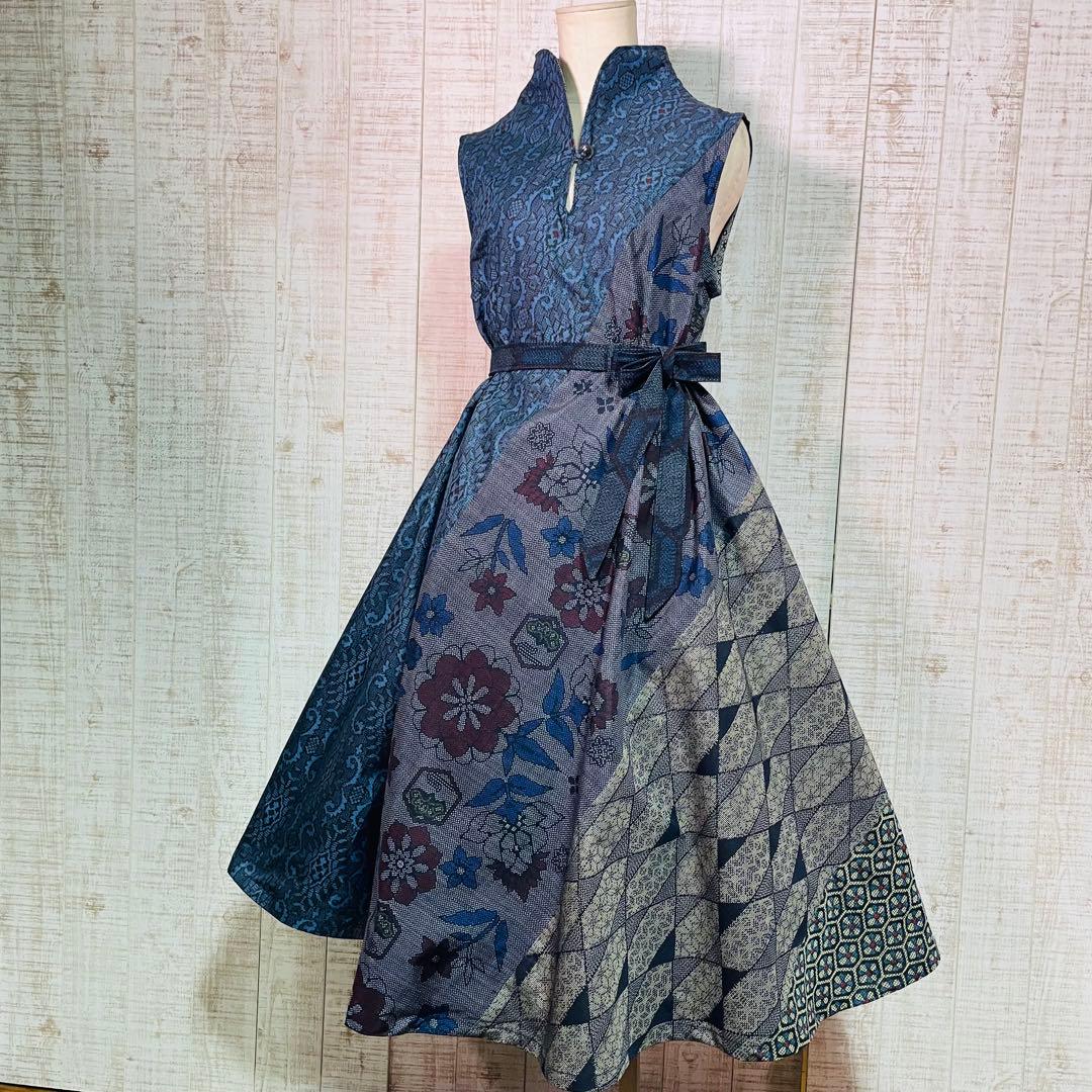 着物リメイク＊数種類の正絹大島紬で立ち襟＆テントラインワンピースＭ〜Ｌ