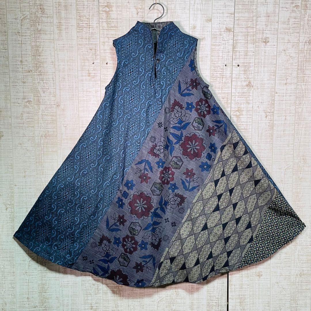 着物リメイク＊数種類の正絹大島紬で立ち襟＆テントラインワンピースＭ〜Ｌ