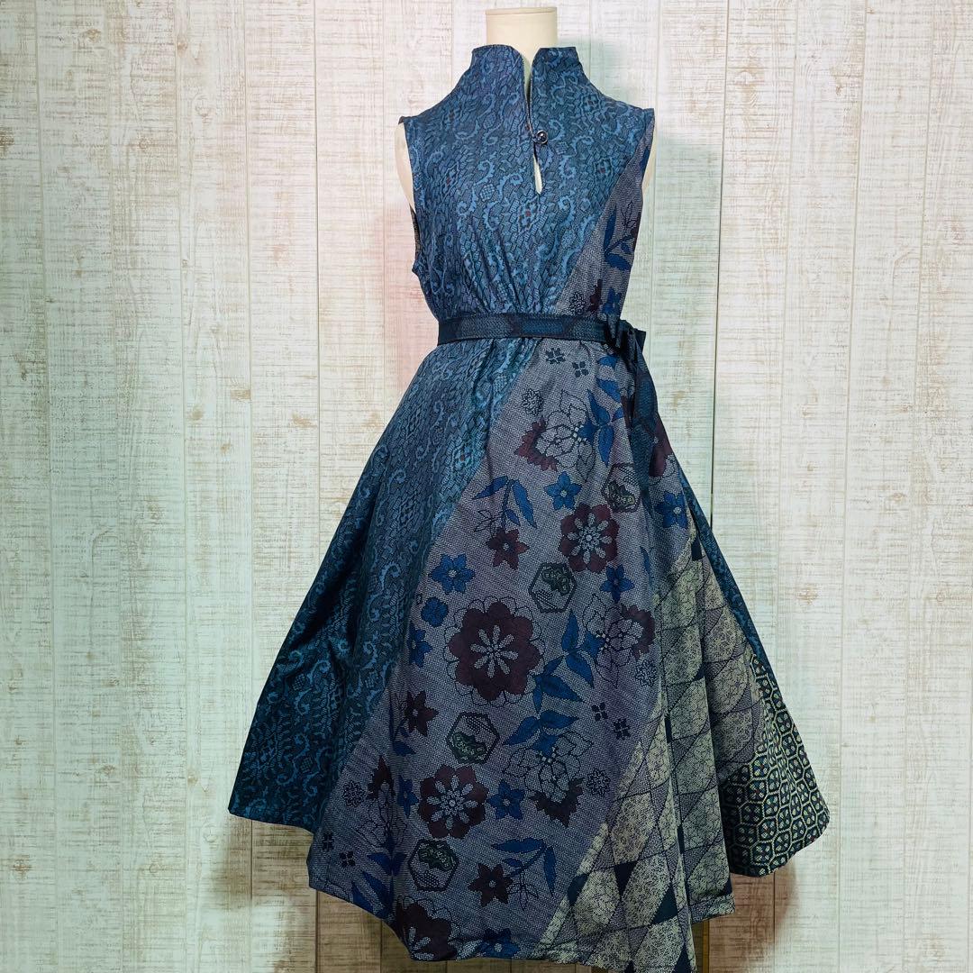 着物リメイク＊数種類の正絹大島紬で立ち襟＆テントラインワンピースＭ〜Ｌ