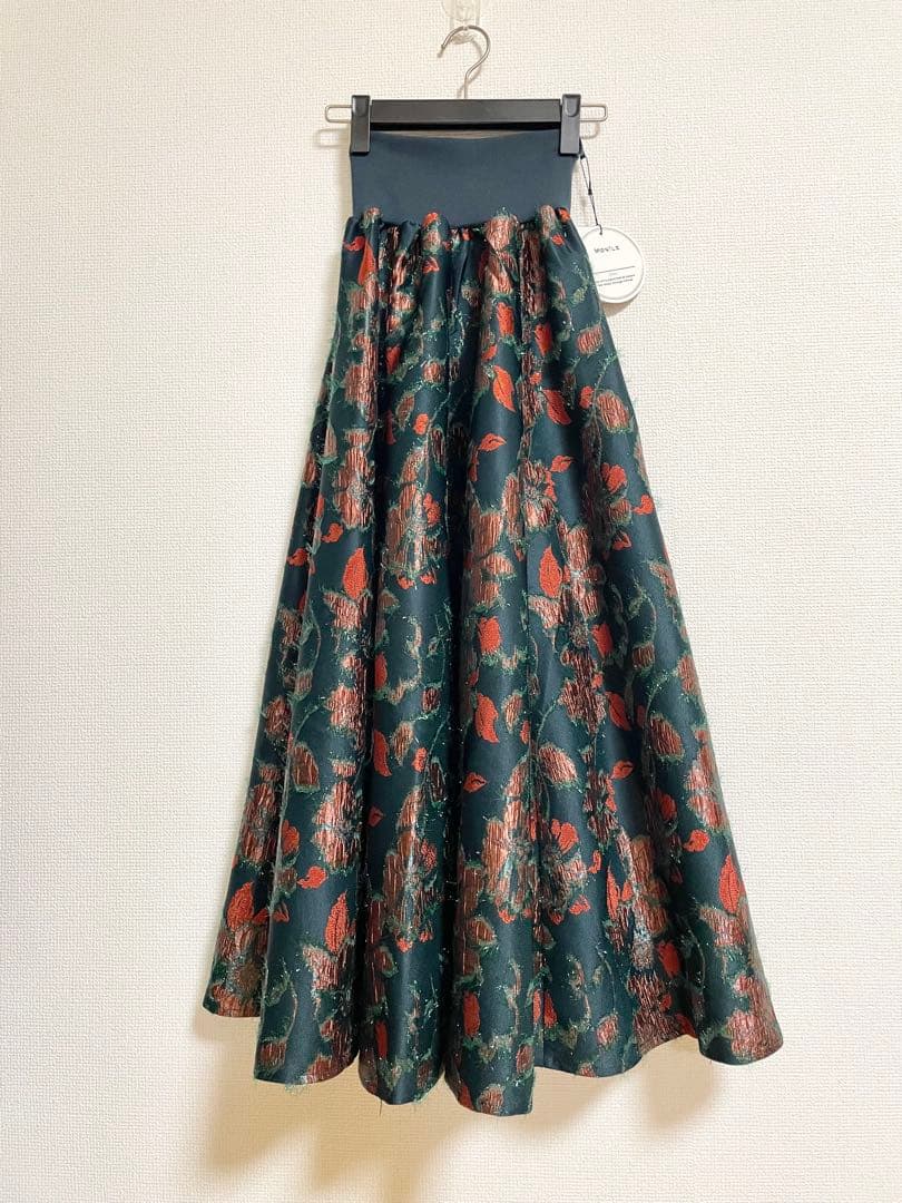 【新品】モニーレ フラワー ジャガード ウエストリブ フレアスカート 深緑 花柄