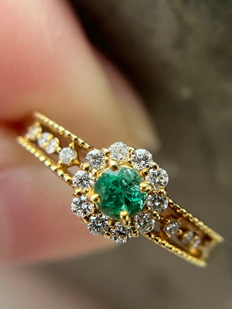 新品K18YGエメラルド0.2ctダイヤモンドリング指輪