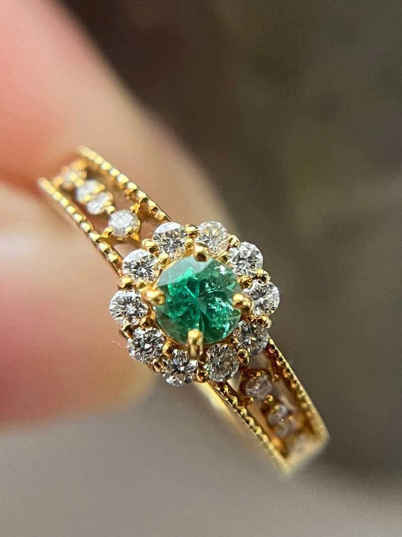 新品K18YGエメラルド0.2ctダイヤモンドリング指輪
