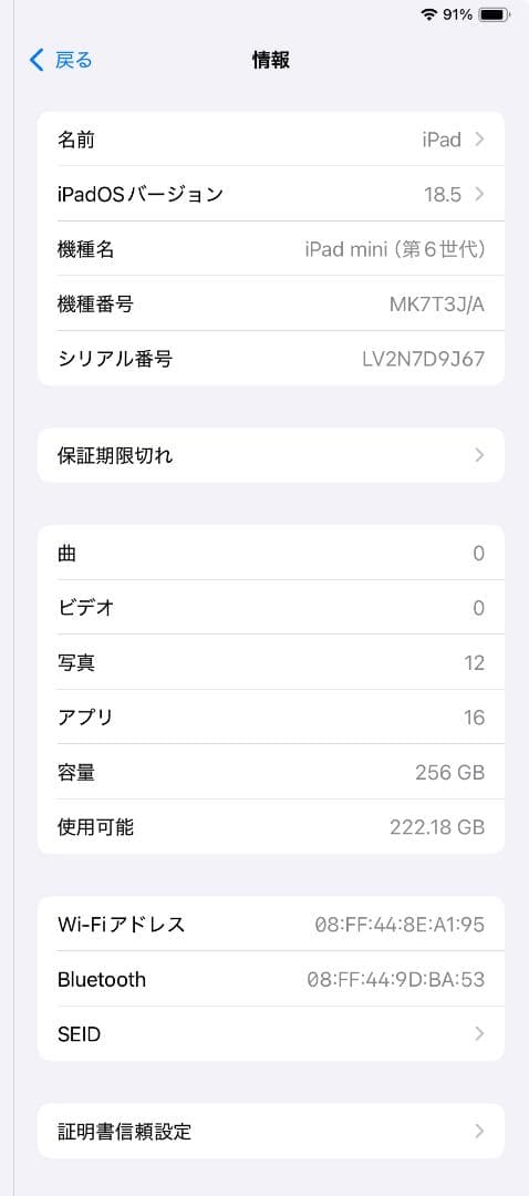 【ジャンク】iPad mini 第６世代 256GB WiFiモデル