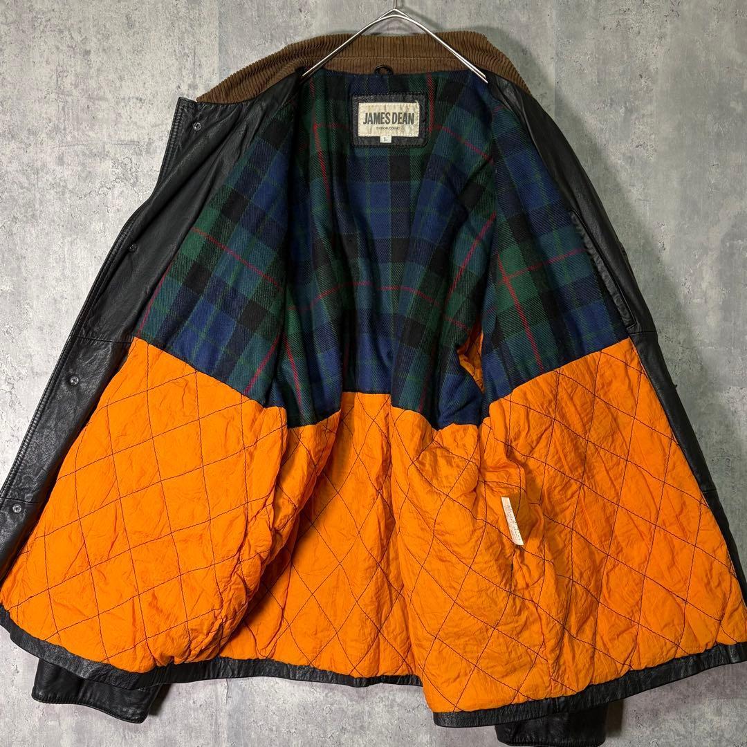 レザー トラッカー ジャケット 襟コーデュロイ 黒 本革 裏地チェック 中綿