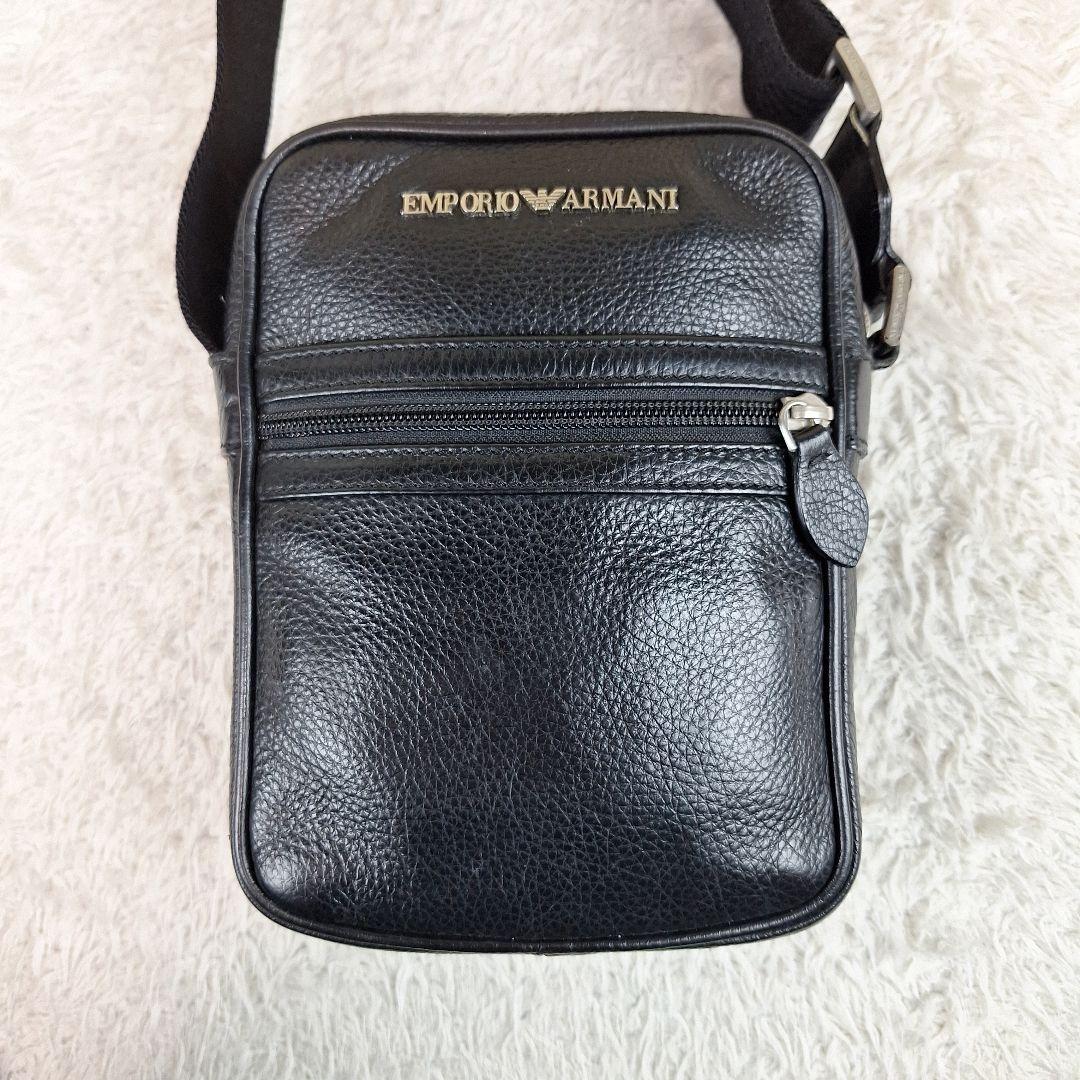 エンポリオアルマーニ　ショルダーバッグ　レザーシボ加工　シルバーロゴプレート　黒