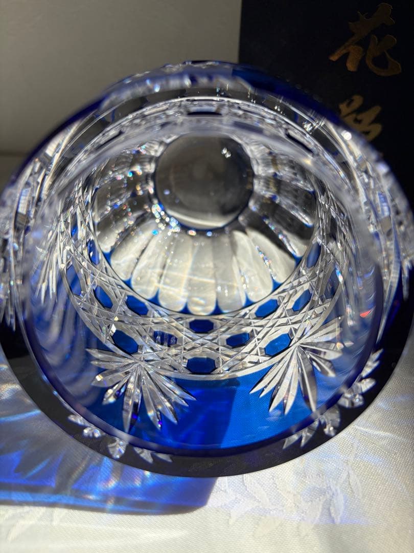 江戸切子 花瓶 青色 クリスタル
