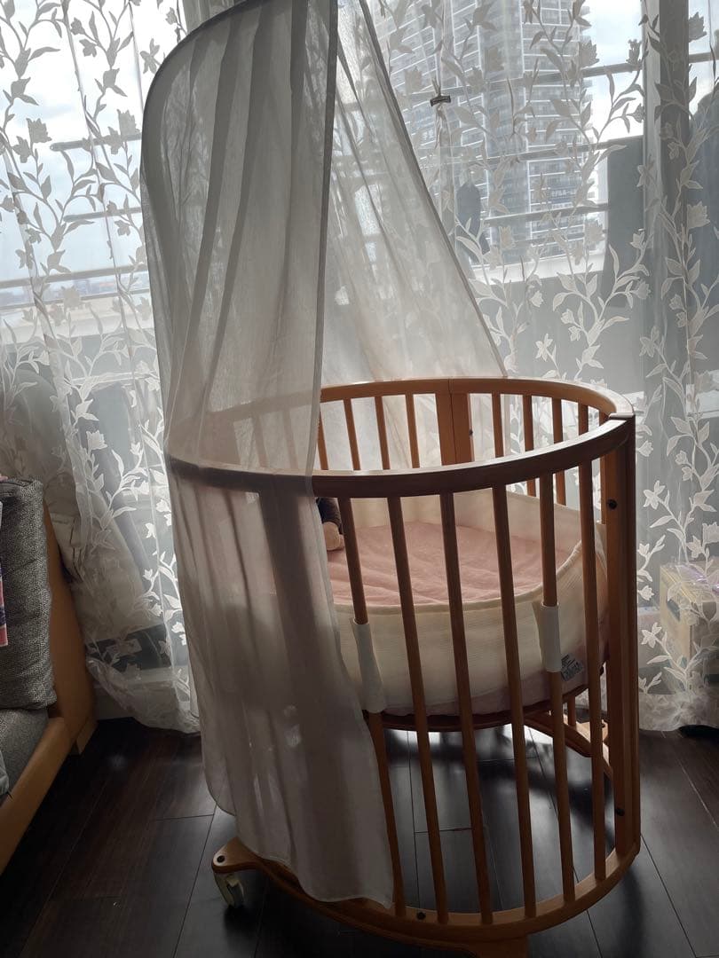 ナチュラルウッド ベビーベッド メッシュカバー付き