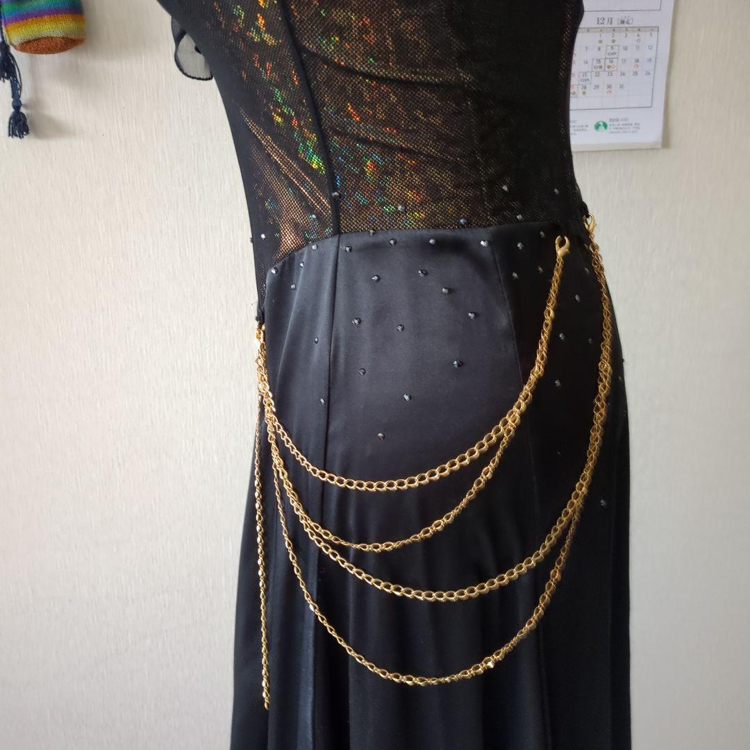 ma品 タカダンス 社交ダンス用黒ドレス 長袖 スパンコール&チョーカー付