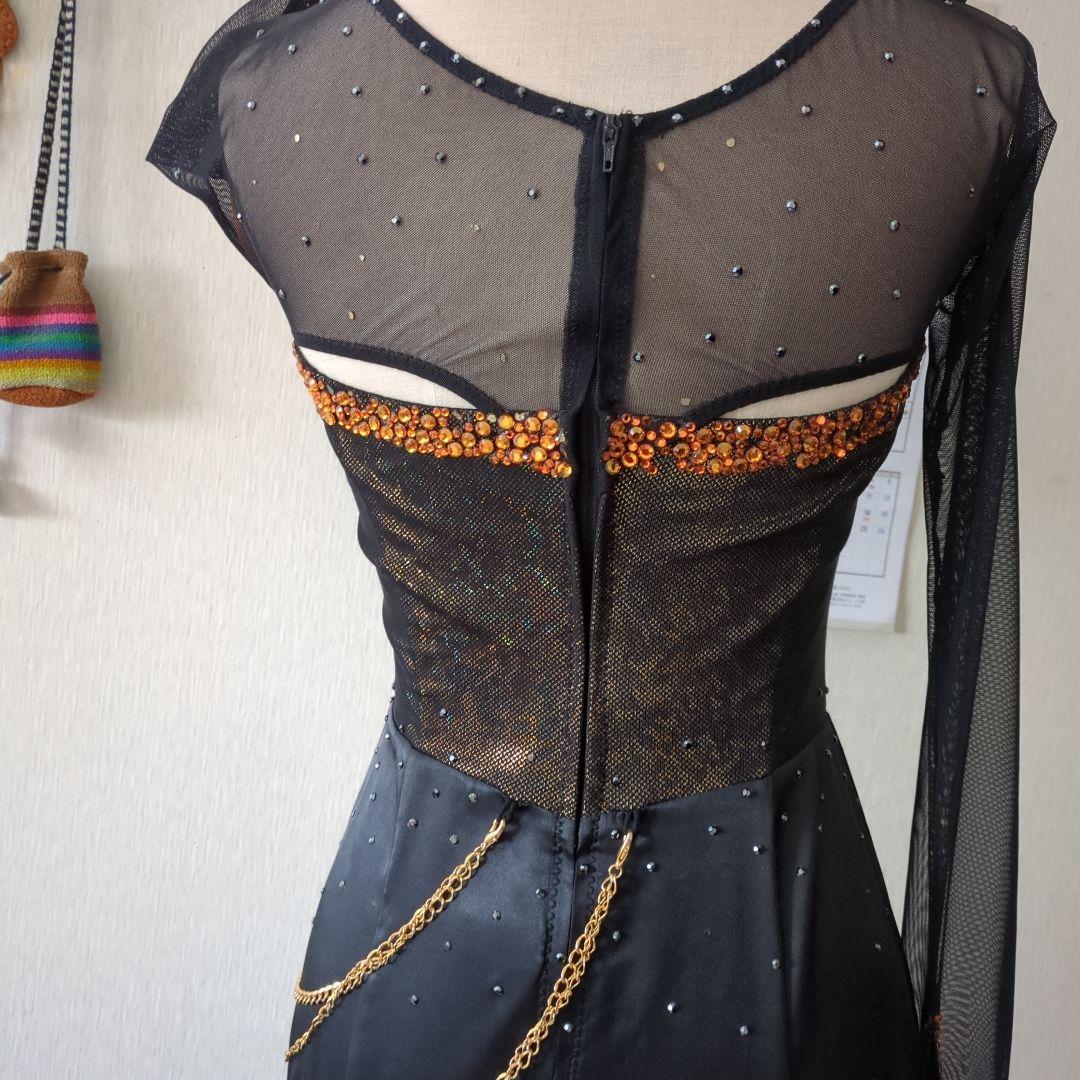 ma品 タカダンス 社交ダンス用黒ドレス 長袖 スパンコール&チョーカー付