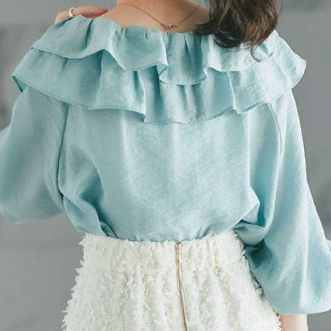 新品　La boutique BonBonギャザーフリルリボンブラウス　グリーン
