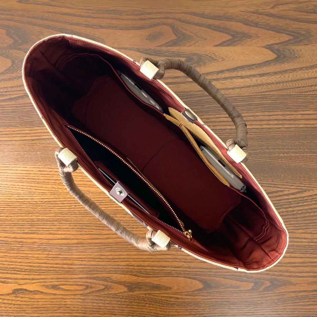 男前な歌舞伎柄の帯　リメイク　胡桃皮ハンドルバッグ　通しマチタイプ