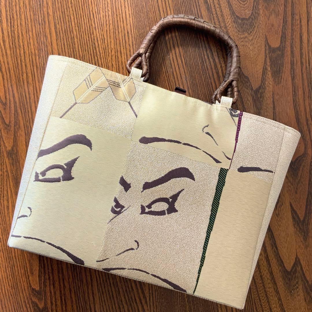 男前な歌舞伎柄の帯　リメイク　胡桃皮ハンドルバッグ　通しマチタイプ