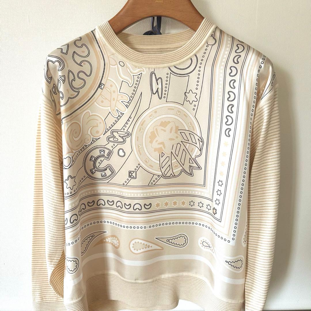 スカーフシルク地とニットの高品質マダムトップスセーター