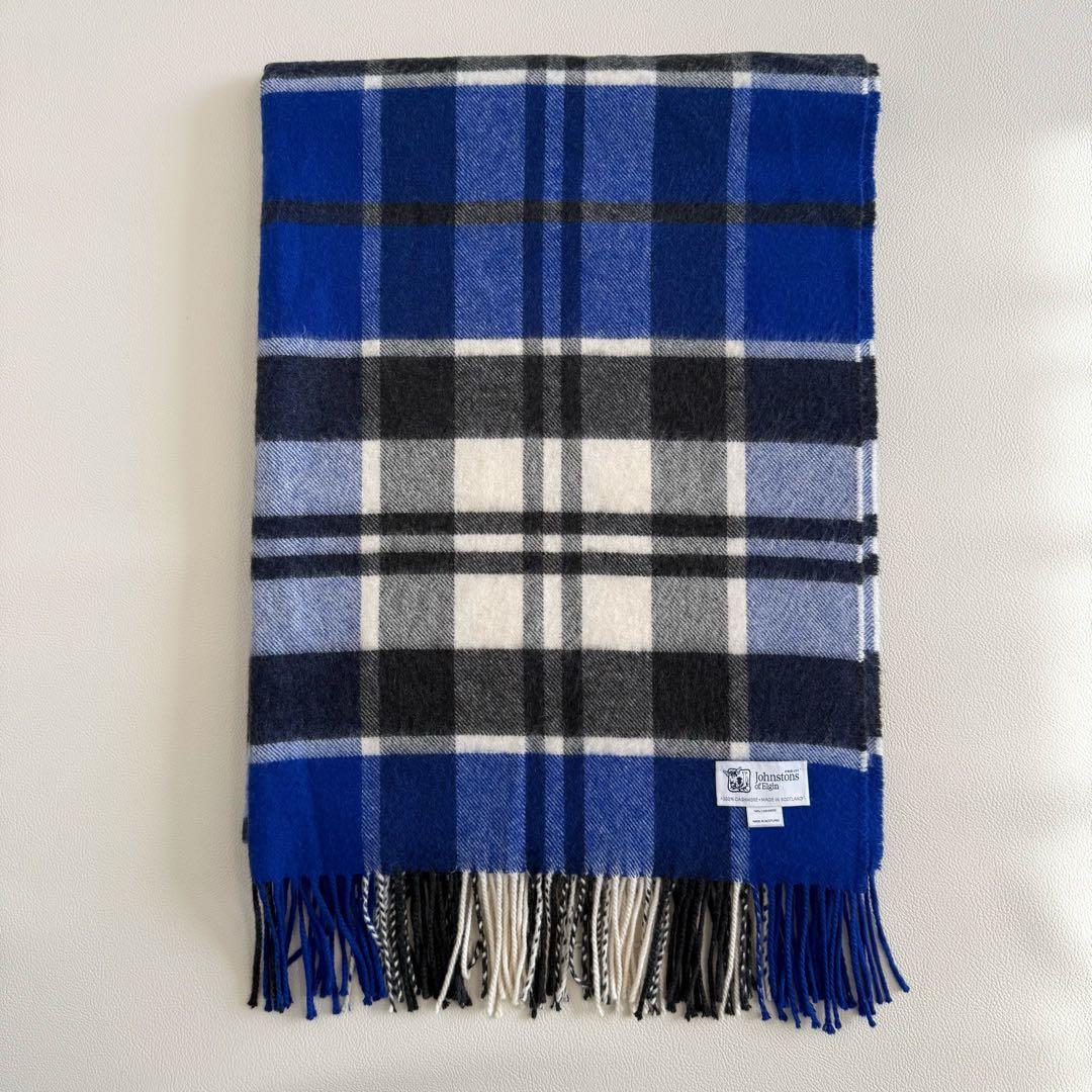 美品　ジョンストンズ　大判　ストール　マフラー　カシミヤ　ブルー　チェック