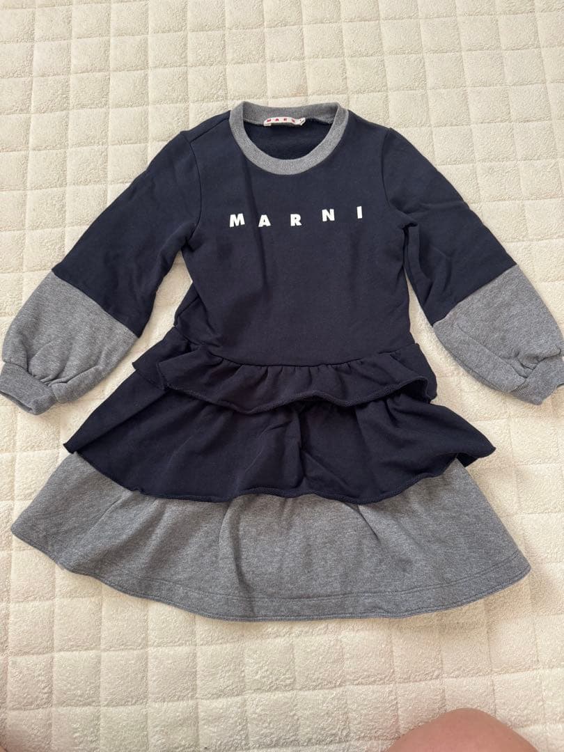 MARNI キッズ フリル付きワンピース ネイビー/グレー