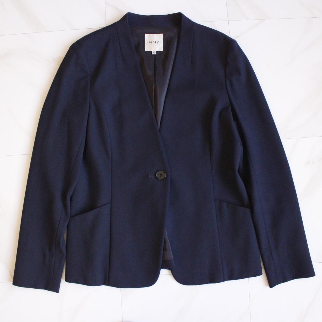 INDIVI ノーカラー セットアップスーツ Lサイズ ネイビー パンツ