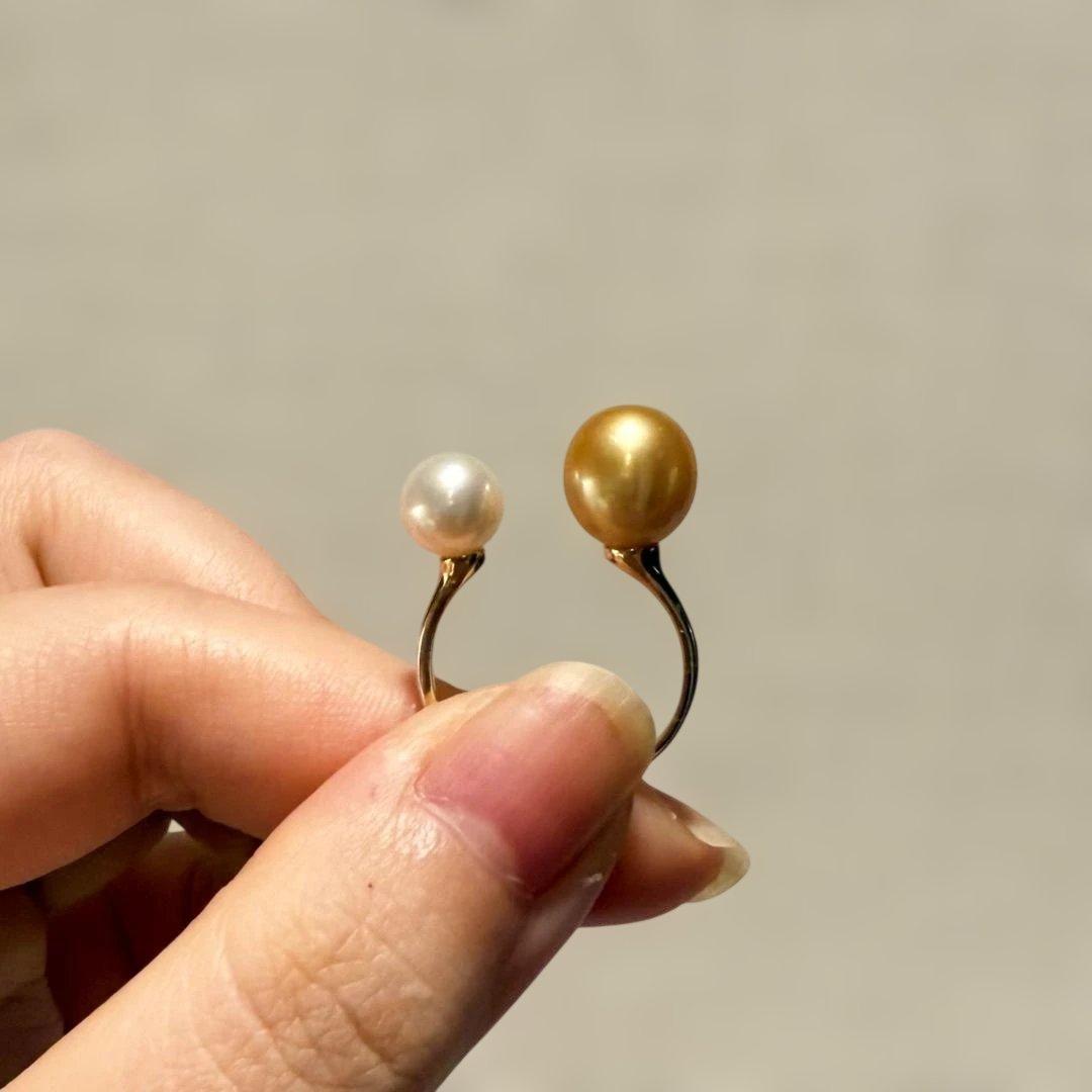 【極上のテリ】南洋真珠×Akoya真珠 2粒リング 9mm 濃金 S925