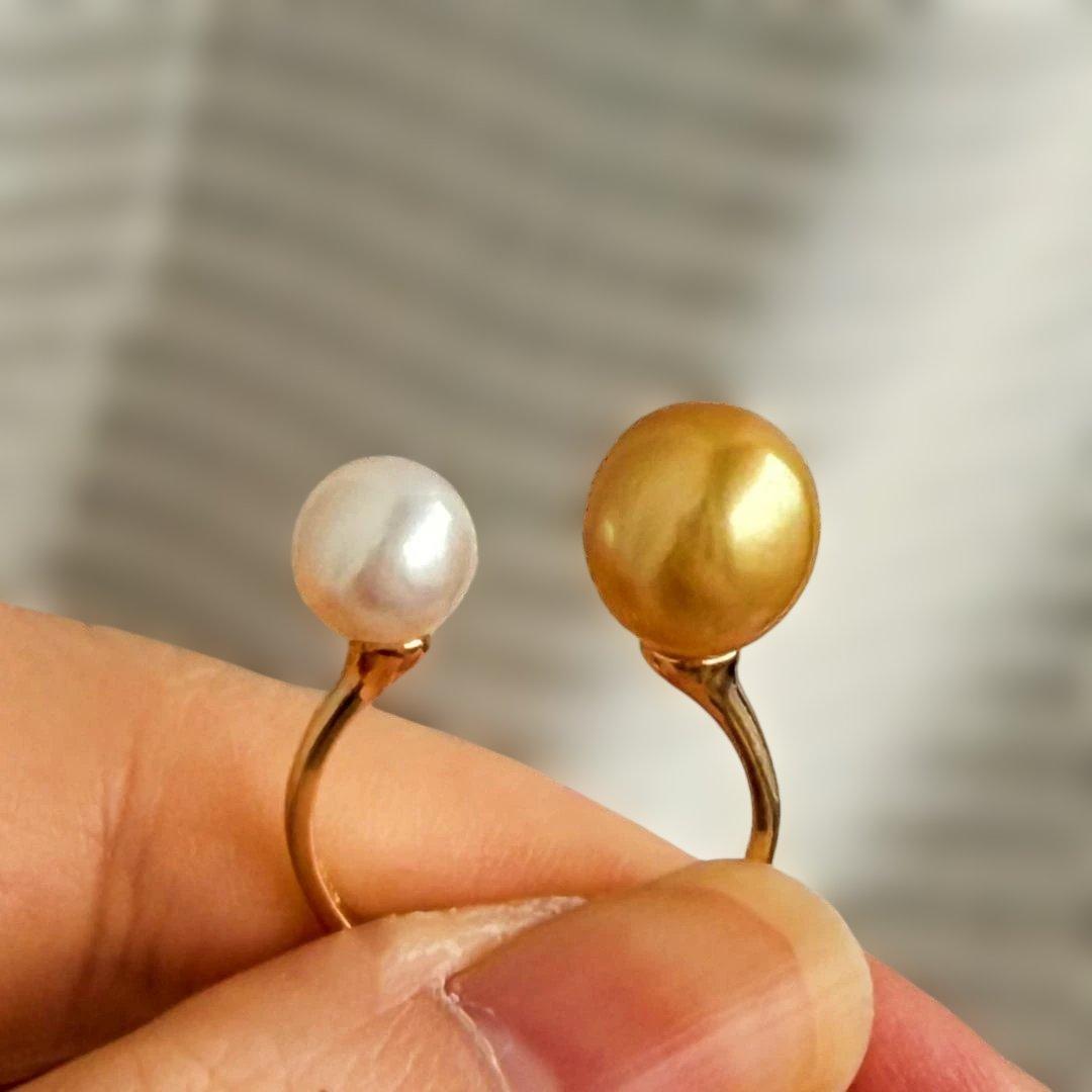 【極上のテリ】南洋真珠×Akoya真珠 2粒リング 9mm 濃金 S925