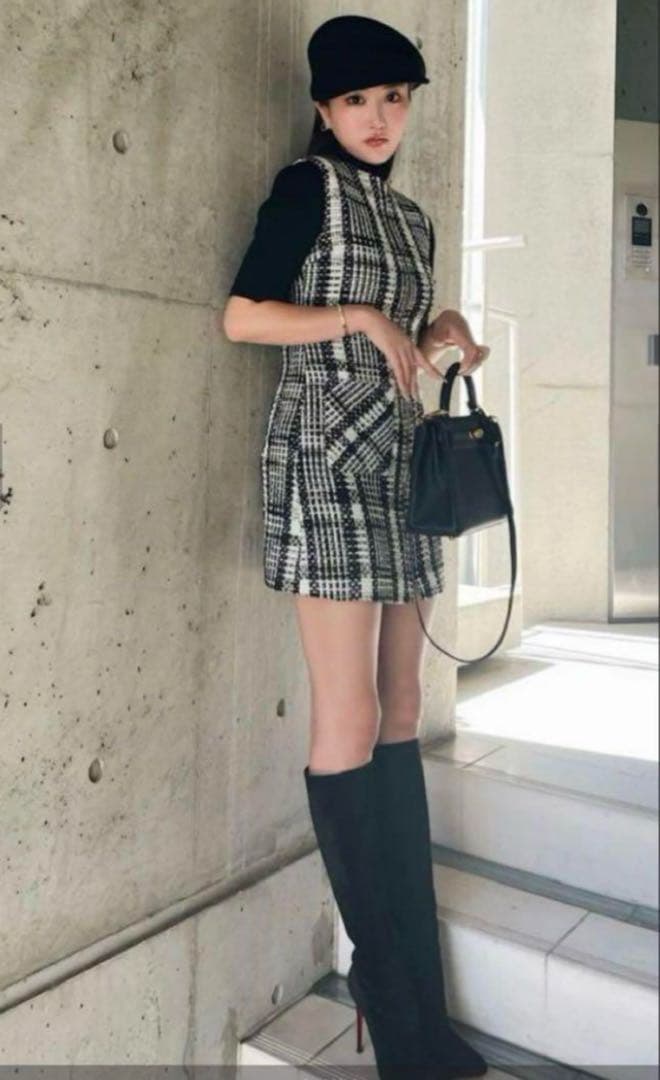 【極美品】シェリエ　Sheller フロントZIPツイードドレス　黒　白