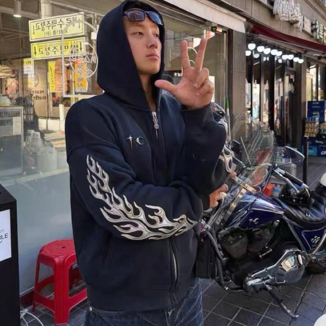 ジャケット・アウター Thug club Leather Flame Hooded Zip-Up