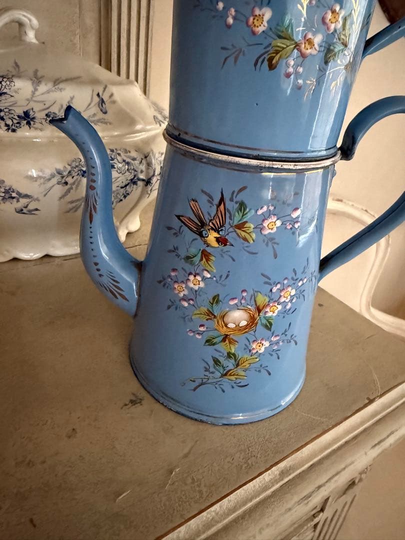 フランスアンティークレア!エトワール社小鳥と鳥の巣水色ホーローカフィティエール