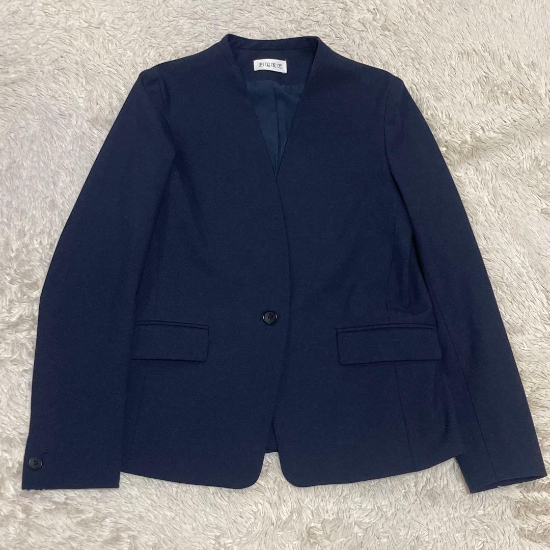 PLST 美品【洗濯機で洗える】ノーカラー ジャケット パンツ 濃紺 ネイビー