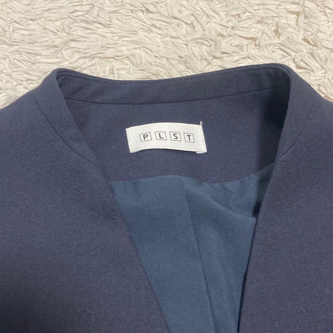 PLST 美品【洗濯機で洗える】ノーカラー ジャケット パンツ 濃紺 ネイビー