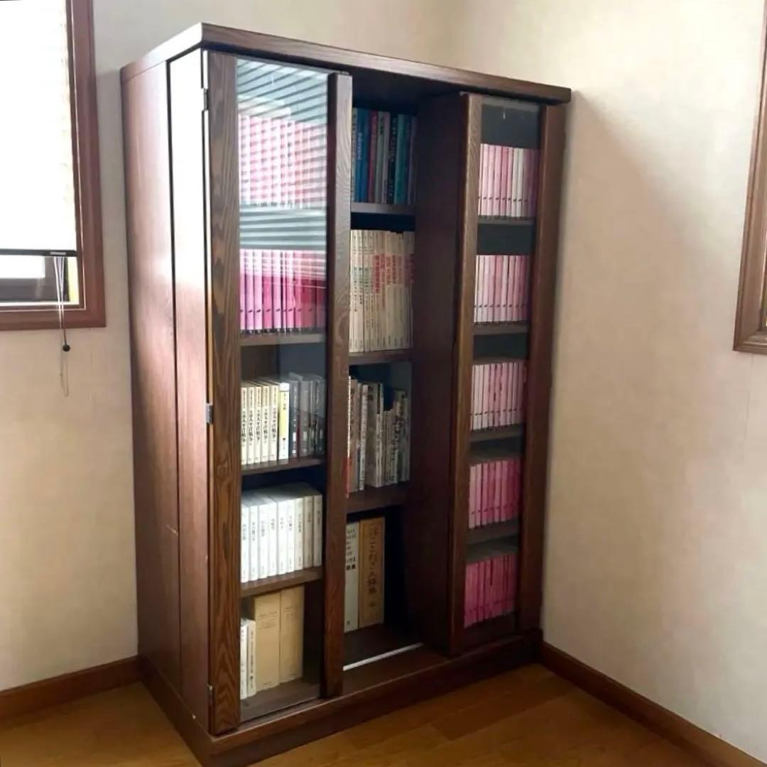 木製 ガラス付き 本棚 スライド式 ブックシェルフ キャビネット