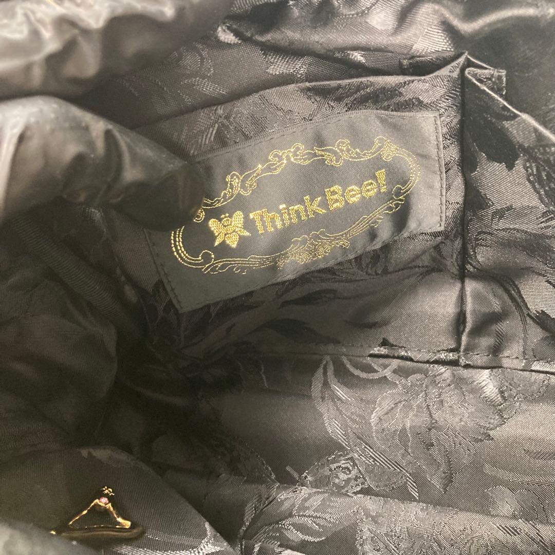 極美品 シンクビー ハンドバッグ ビーズ 花 ベロア 黒 レザー