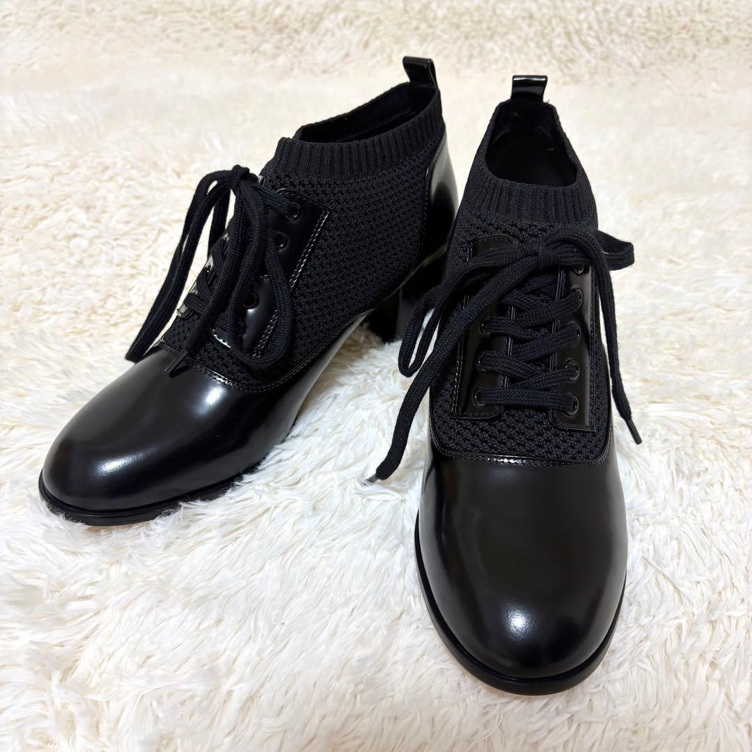 未使用に近い JILLSTUART レースアップニットシューズ レザー 黒 24