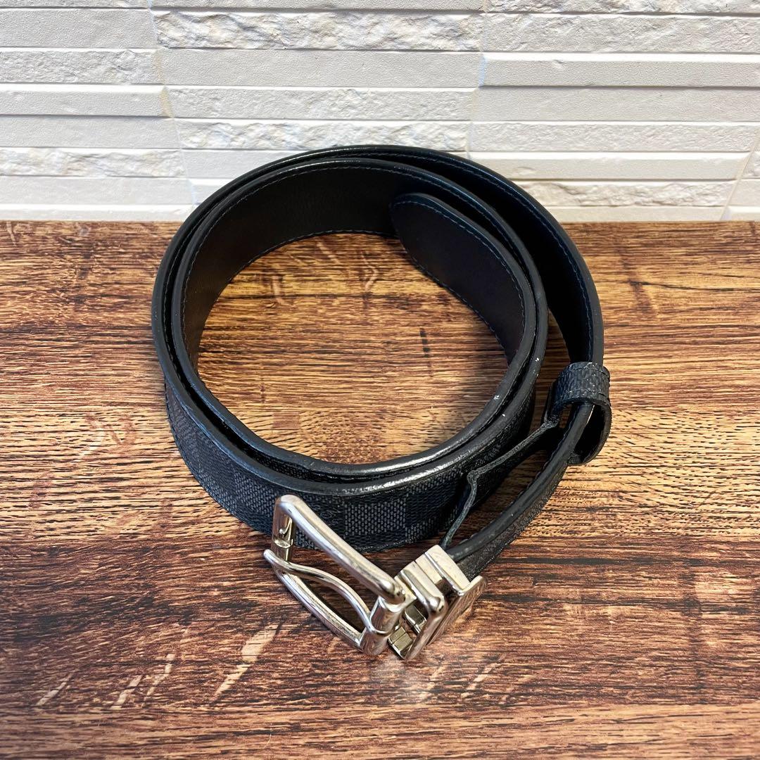 ルイヴィトン ダミエ レザー サンチュール ベルト シルバー金具 ブラック.