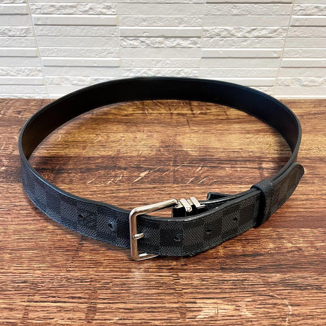 ルイヴィトン ダミエ レザー サンチュール ベルト シルバー金具 ブラック.