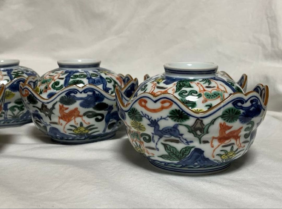 平安京泉　向付　５客　色絵　松鹿文　蓋向付