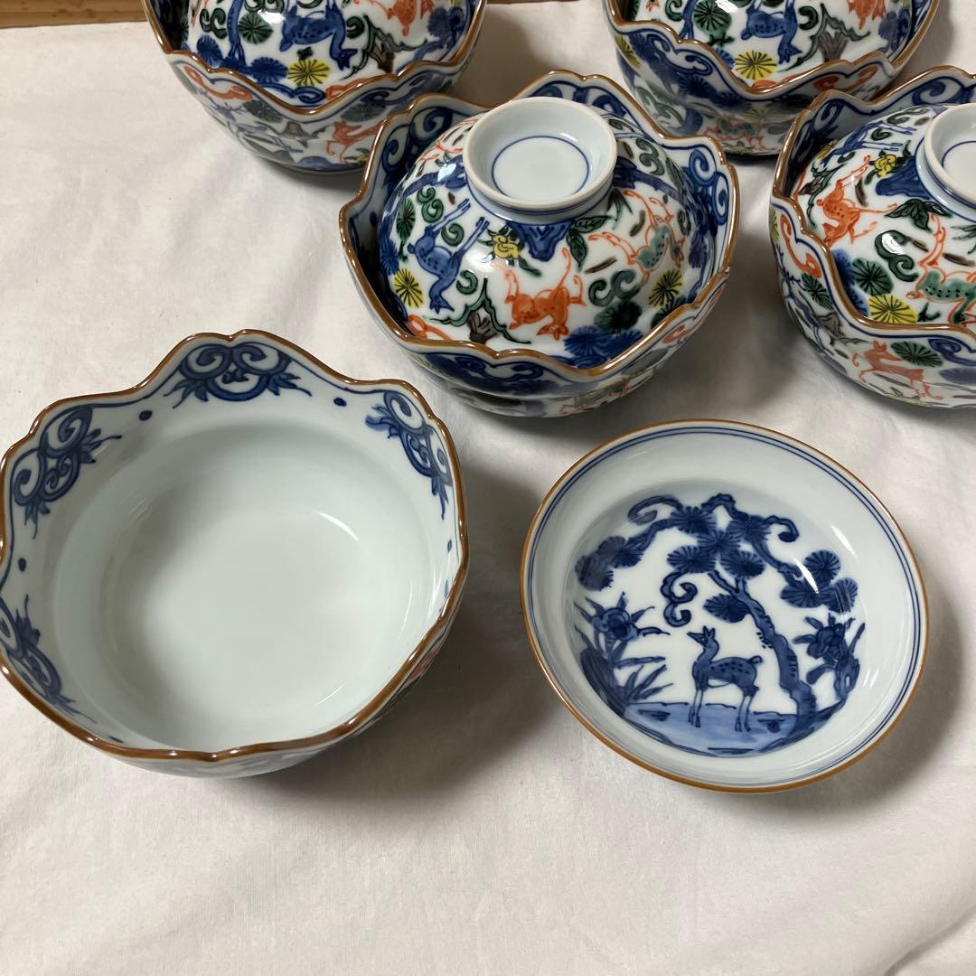 平安京泉　向付　５客　色絵　松鹿文　蓋向付