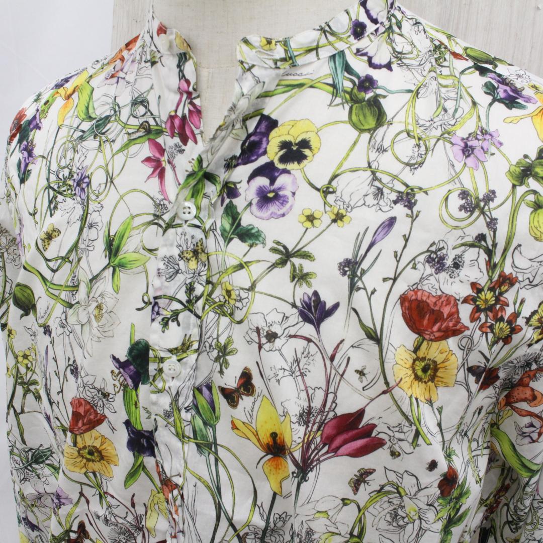 ▲美品 GUCCI/グッチ 花柄長袖シャツ フローラ　コットン ホワイト