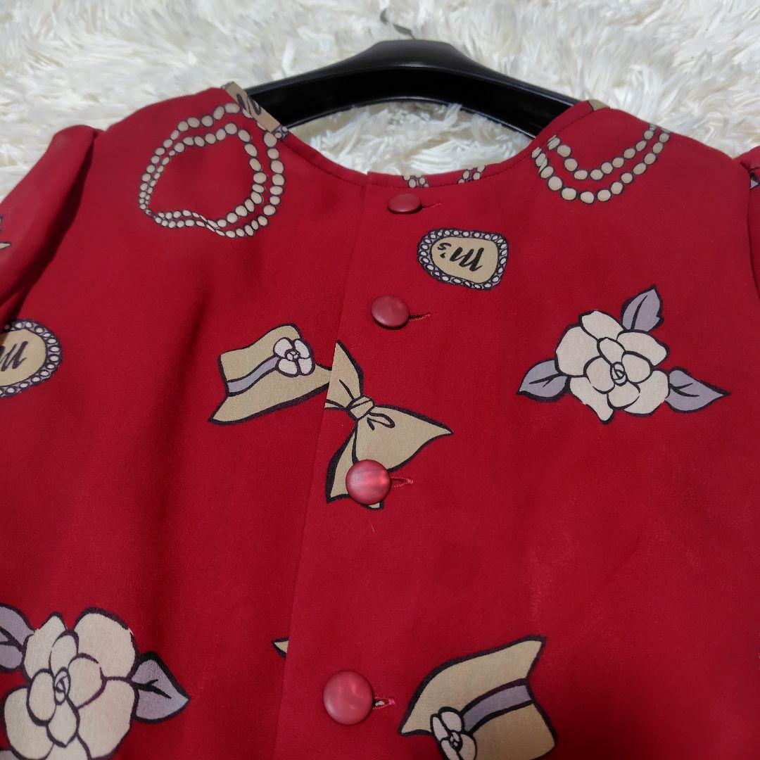 【極美品♡希少40】エムズグレイシー　アイコン柄シフォンリボンフレアワンピース