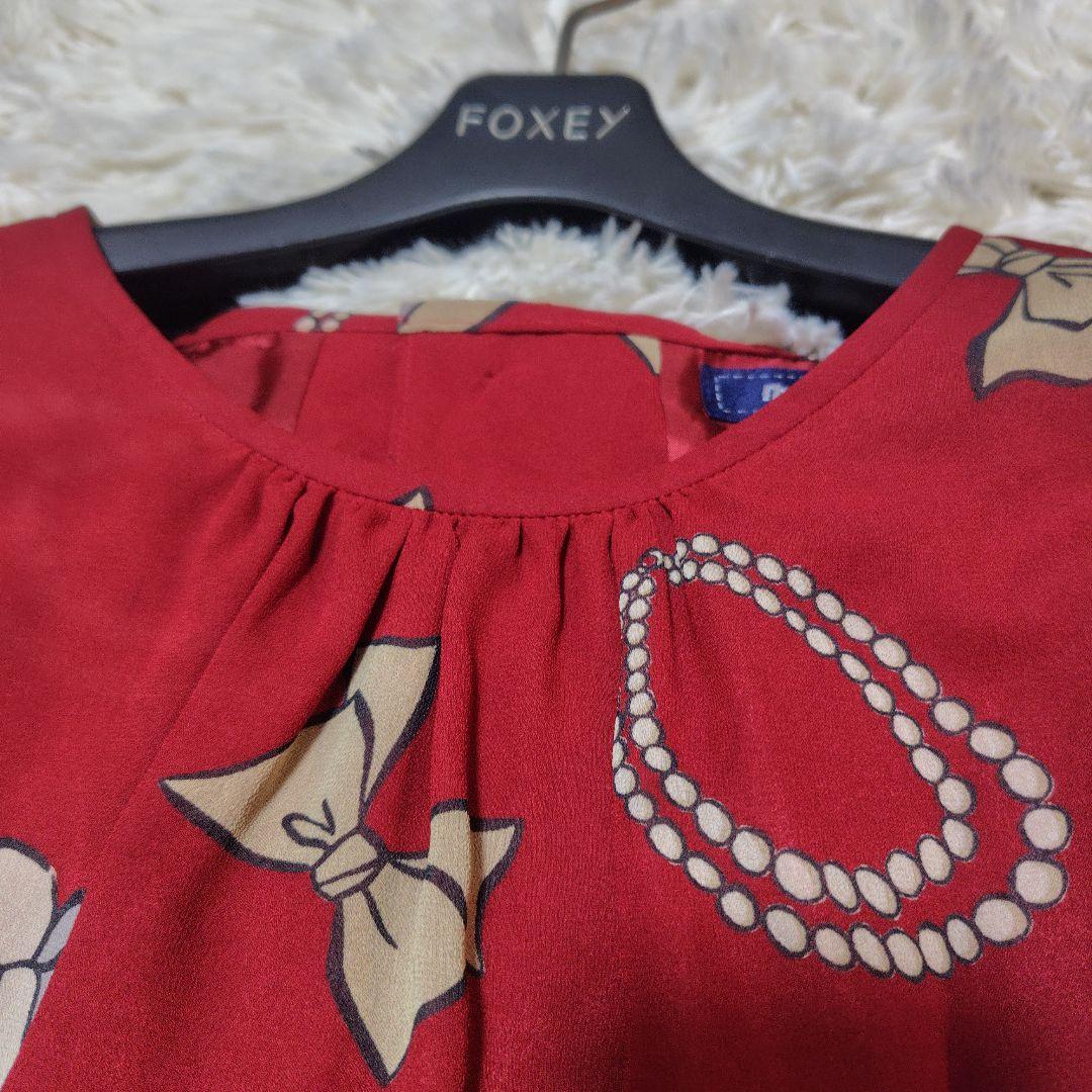 【極美品♡希少40】エムズグレイシー　アイコン柄シフォンリボンフレアワンピース