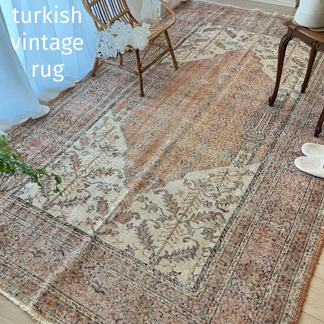 超大判157×269品メダリオン　コーラルピンク　ミルク　トルコヴィンテージラグ