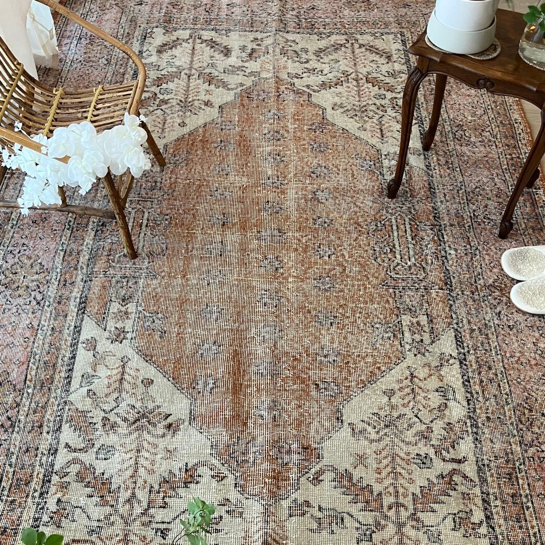 超大判157×269品メダリオン　コーラルピンク　ミルク　トルコヴィンテージラグ