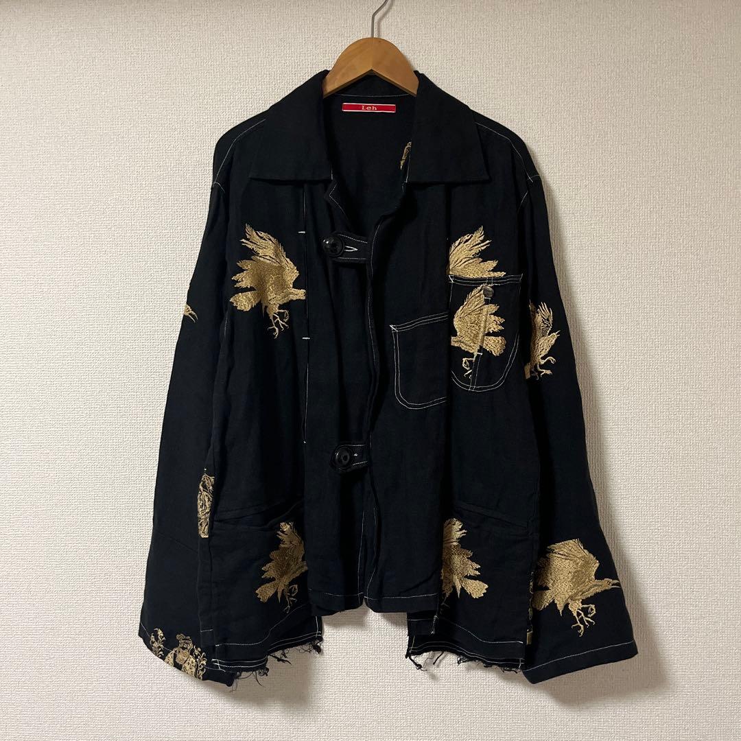 Leh レー 刺繍入り リネン ウエスタンジャケット 黒金 L