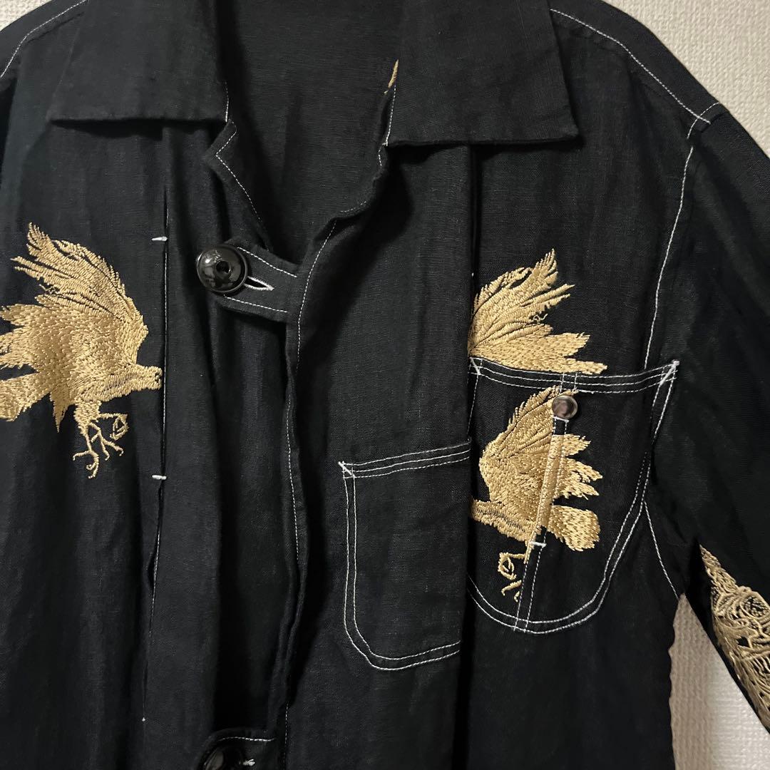 Leh レー 刺繍入り リネン ウエスタンジャケット 黒金 L