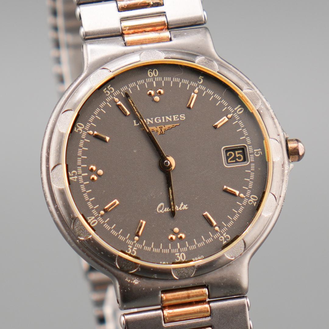 稼働 LONGINES グレー デイト ラウンド 腕時計 新品電池 クォーツ