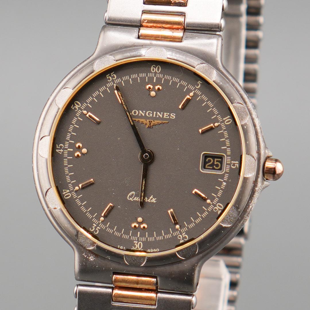 稼働 LONGINES グレー デイト ラウンド 腕時計 新品電池 クォーツ