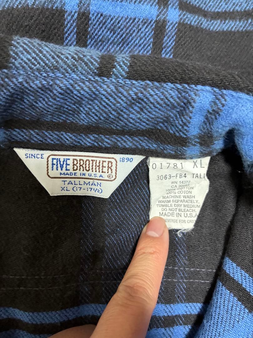 USA製FIVE BROTHER ネルシャツXL TALL青黒 ファイブブラザー