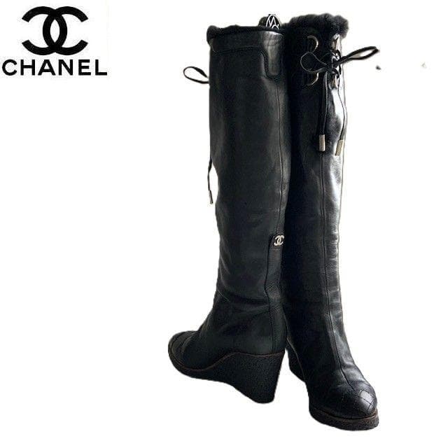 CHANEL 39(24.5cm) 黒レザー ロングブーツ CC ウェッジソール