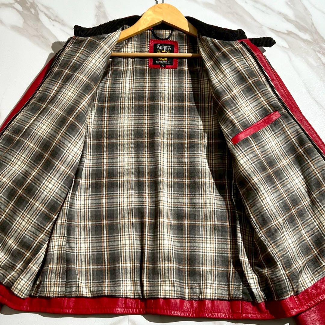 【超希少】ショット ライダースジャケット XLサイズ カウレザー チェック 赤