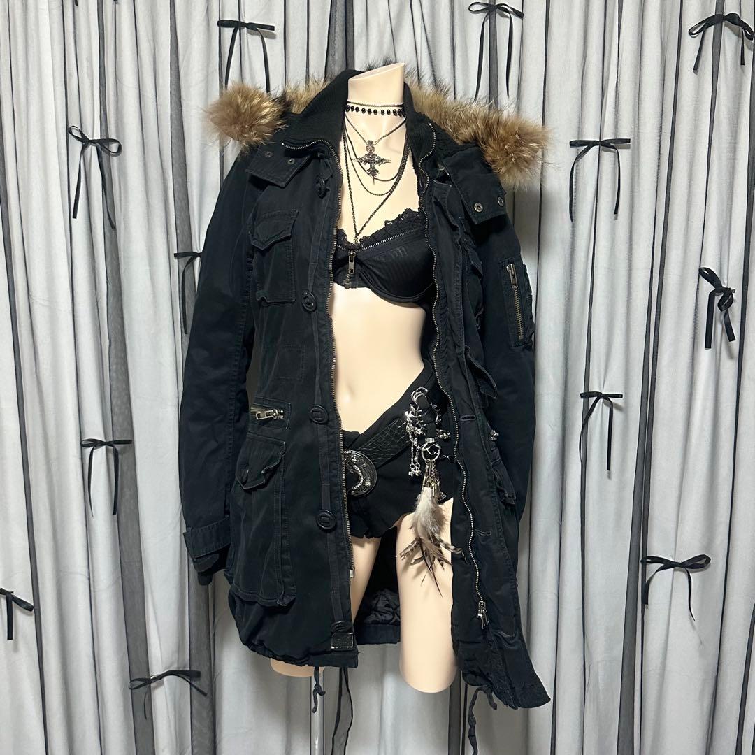 平成ギャル y2k　リアルファー付きミニタリーモッズコート　黒　グランジ　ダウン